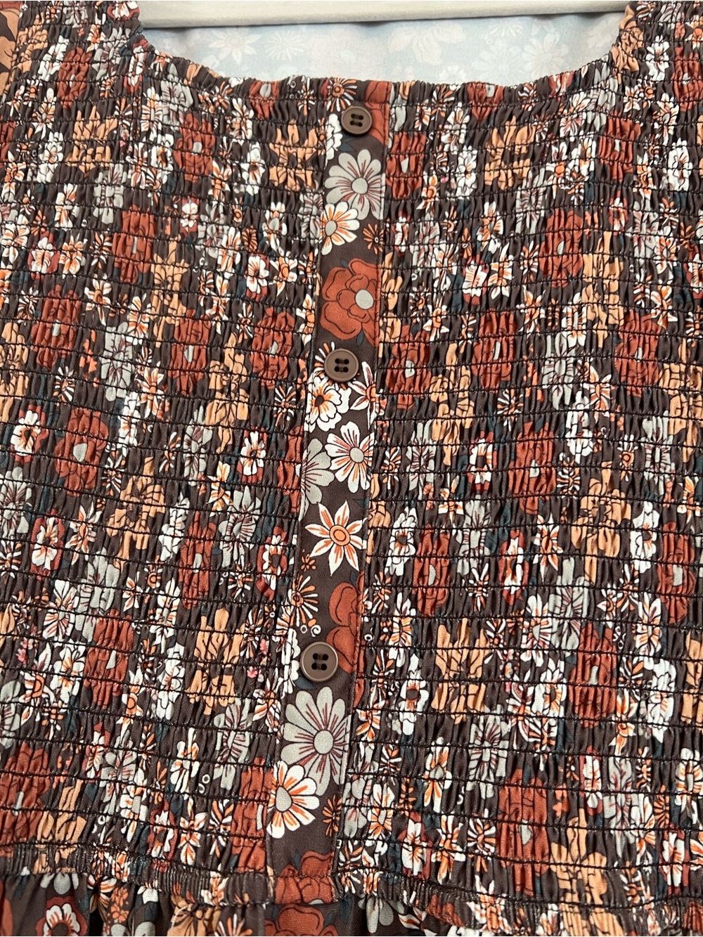 Smocked Floral Tiered Mini Dress - Rust Multi - Picture 6 of 9